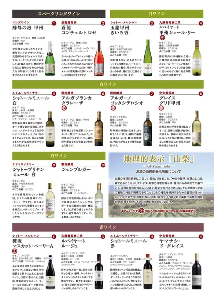 やまなしワインフェスタ2024飲み放題ドリンクメニュー